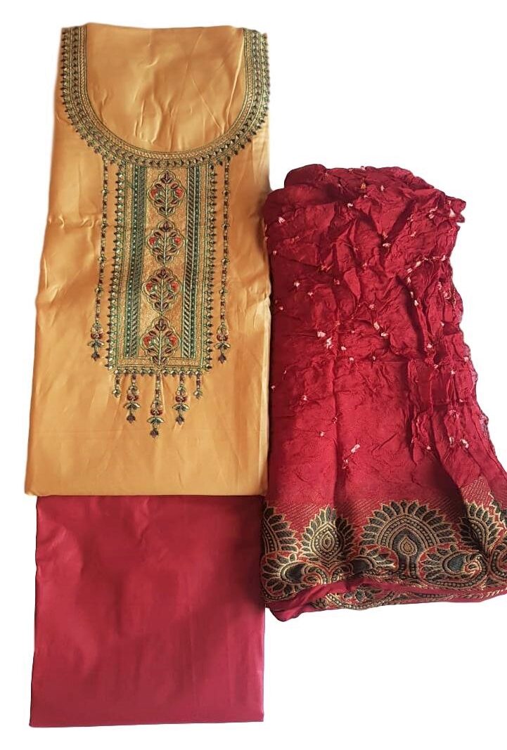 Unstitched Jaam Silk Dress material with Bandhani Dupatta -Gold and Maroon