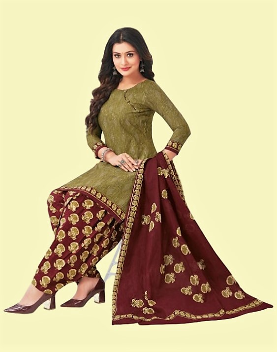 Premium cotton printed dress material -Green and Brown