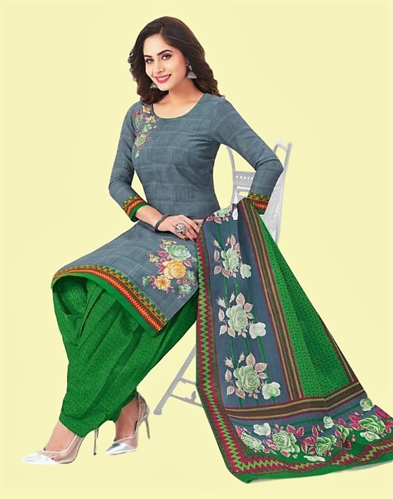 Premium cotton printed dress material - Grey and Green