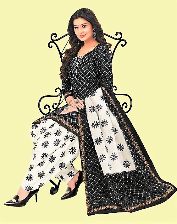 Pure cotton printed dress material - Black and White