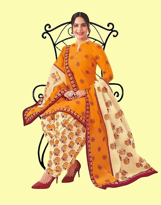 Premium cotton printed dress material - Yellow