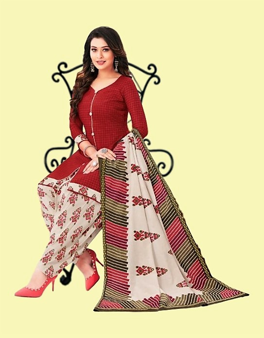 Pure cotton printed dress material- Red