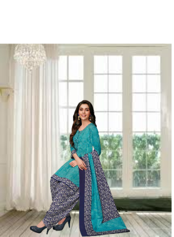 Cotton printed dress material for summer wear-Cyan and Navy Blue