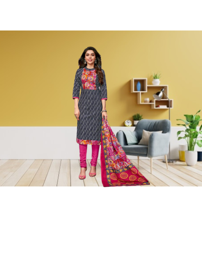 Cotton printed dress material for summer wear- Grey and Pink