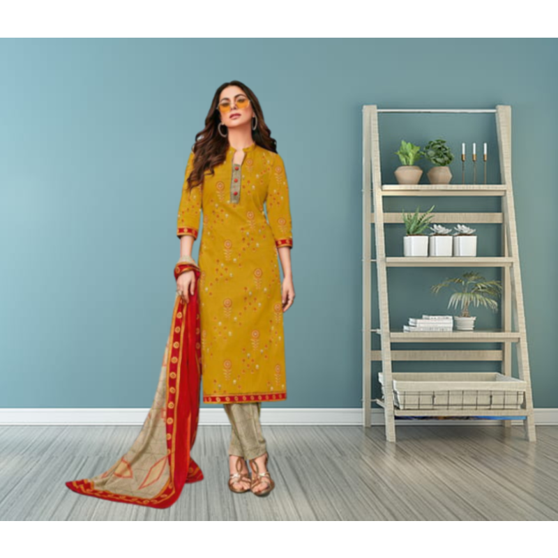 Cotton printed dress material -Yellow