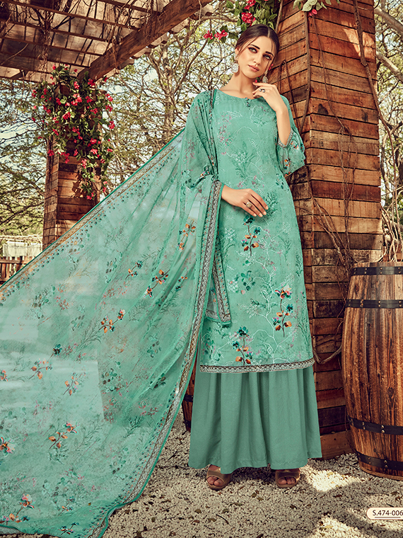 Georgette Digital Print Dress Material- Green