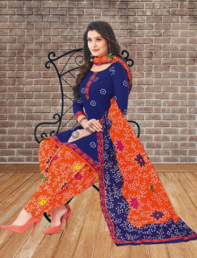 Premium cotton printed dress material - Blue and Orange