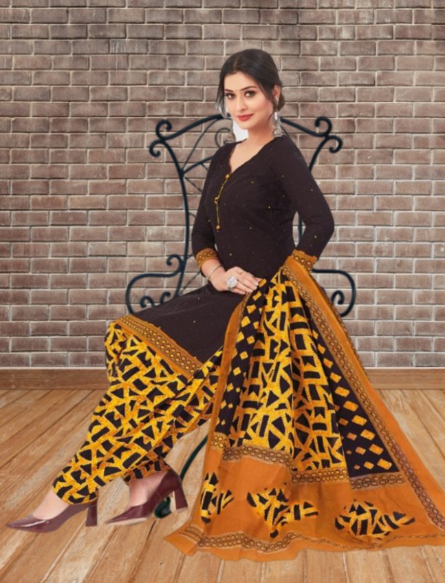 Premium cotton printed dress material -Black and Yellow