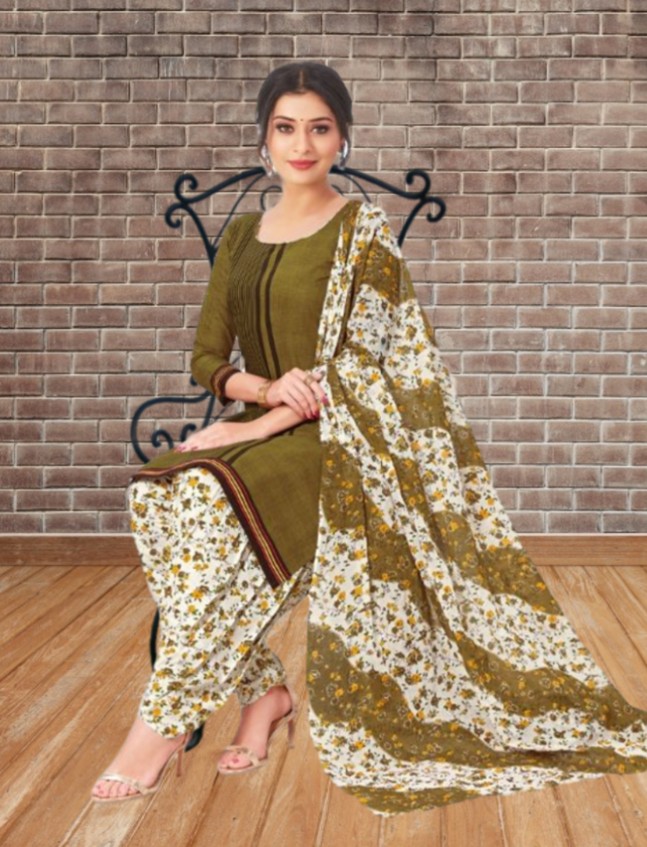 Premium cotton printed dress material - Mehendi Green
