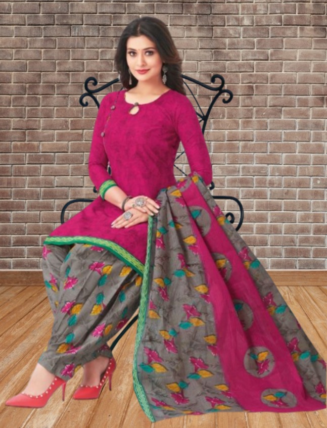 Premium cotton printed dress material - Pink and Grey