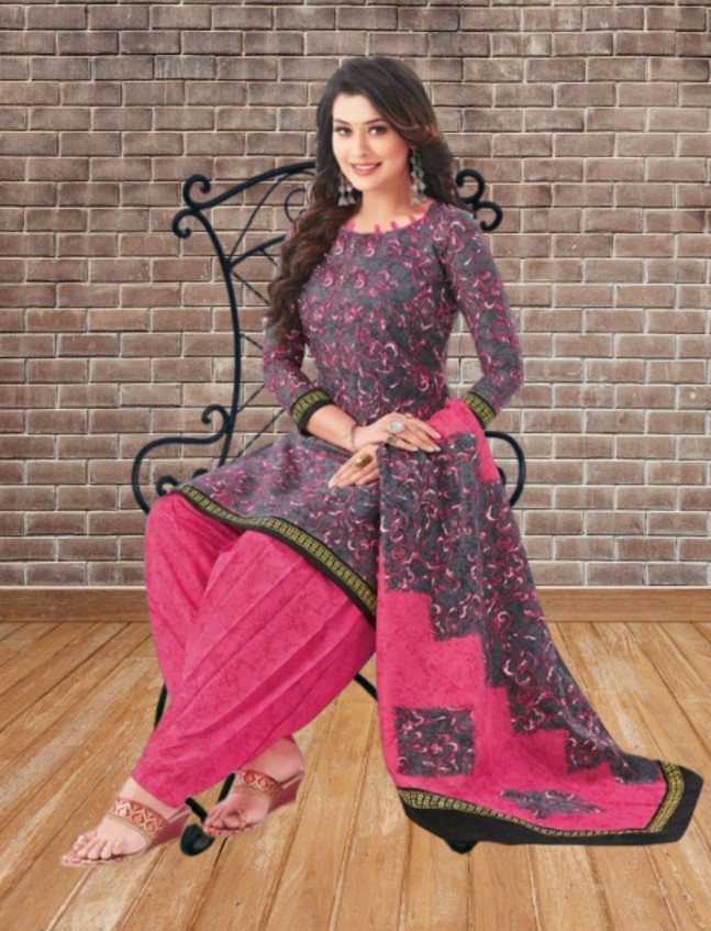 Premium cotton printed dress material - Grey and Pink