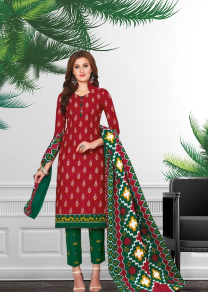Cotton printed dress material -Red and Green