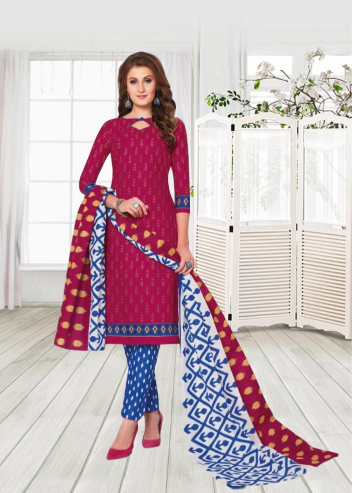 Cotton printed dress material - Pink and Blue