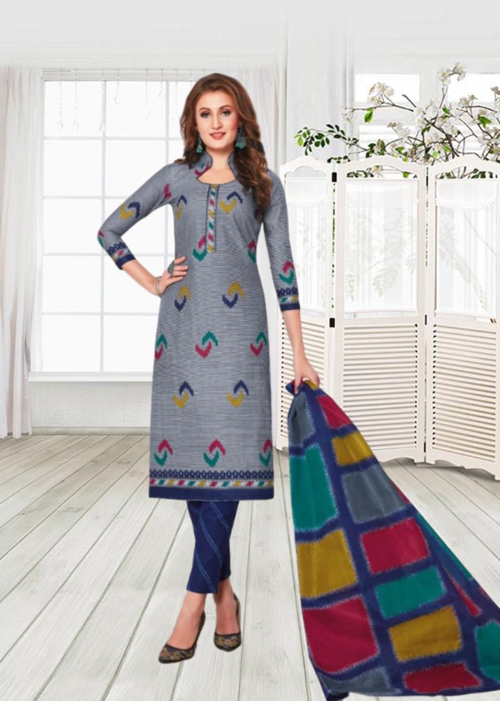 Cotton printed dress material - Blue and Grey