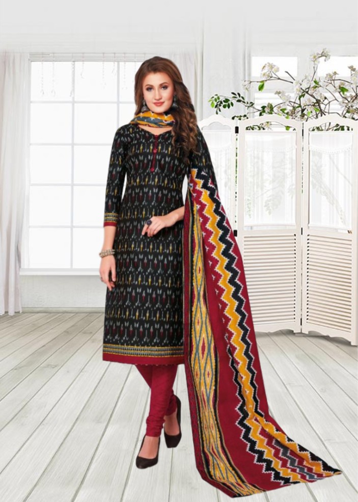 Cotton printed dress material - Black and Red