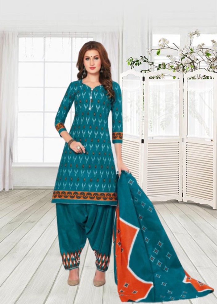 Cotton printed dress material - Aqua