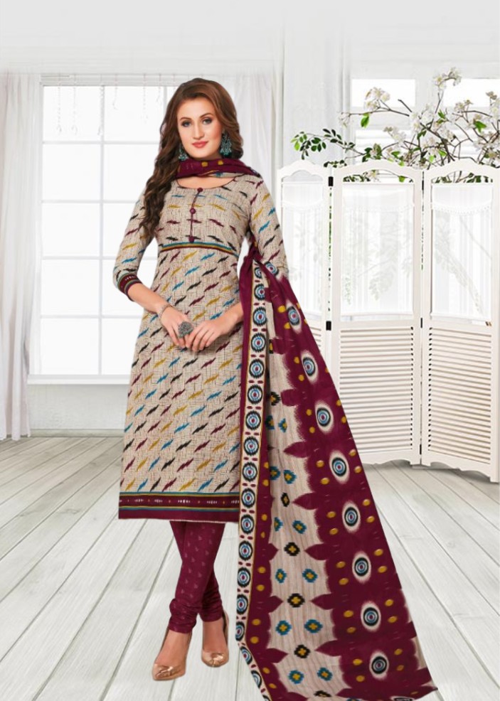 Cotton printed dress material- Badami and  Maroon