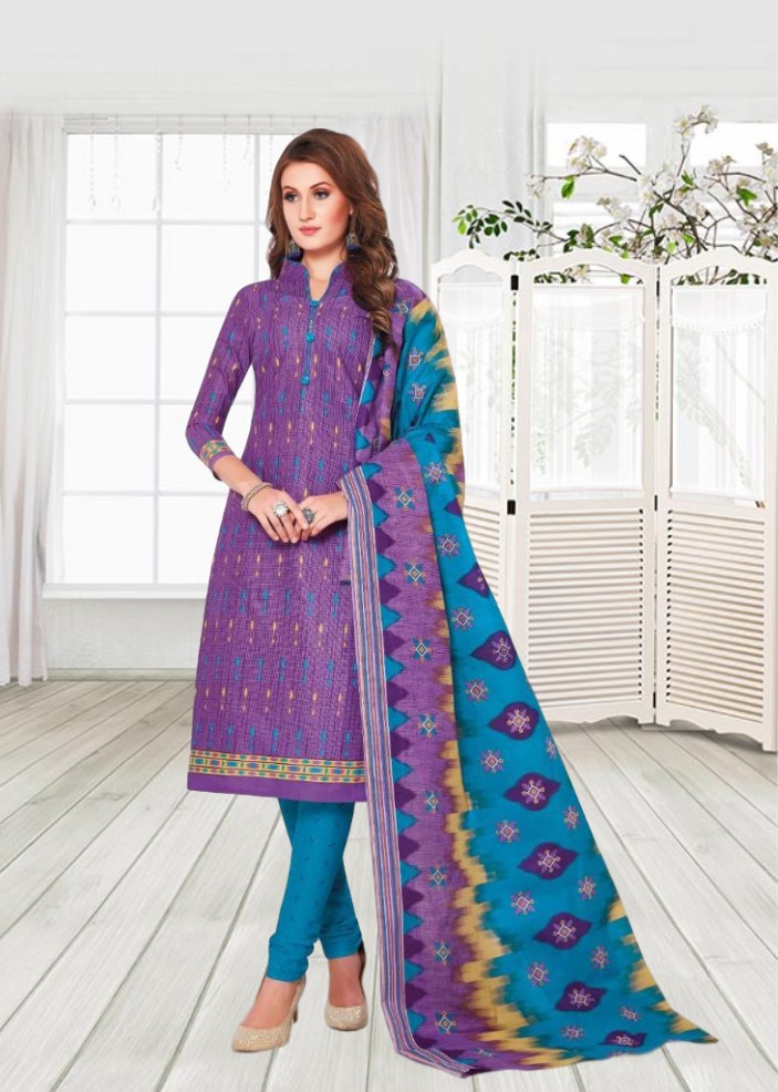 Cotton printed dress material - Purple and Blue