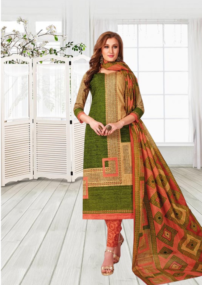 Malai cotton printed dress material - Green and Orange