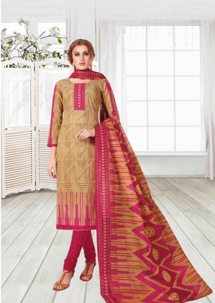 Malai cotton printed dress material - Badami and Pink