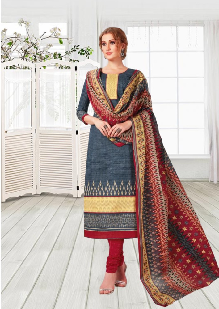 Malai cotton printed dress material - Grey