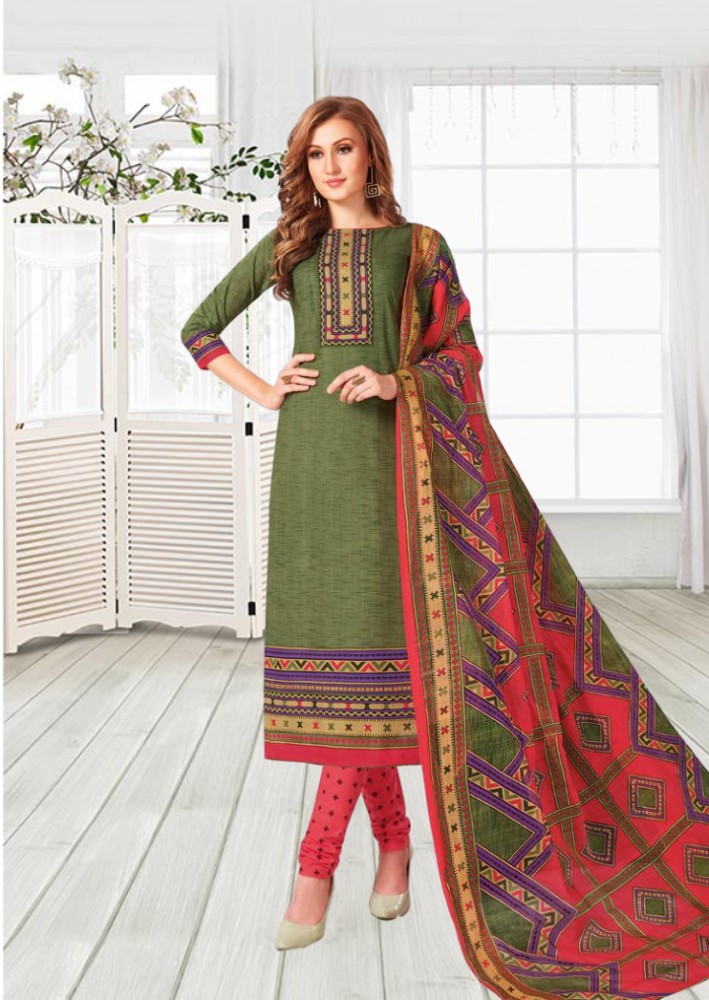 Malai cotton printed dress material - Green