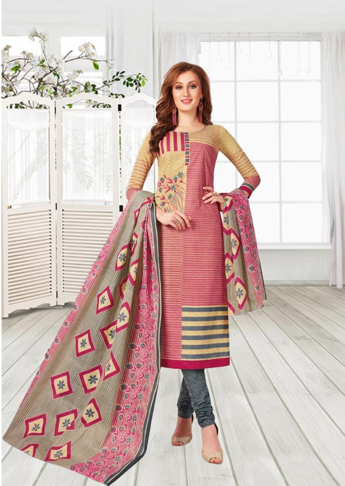 Malai cotton printed dress material - Pink