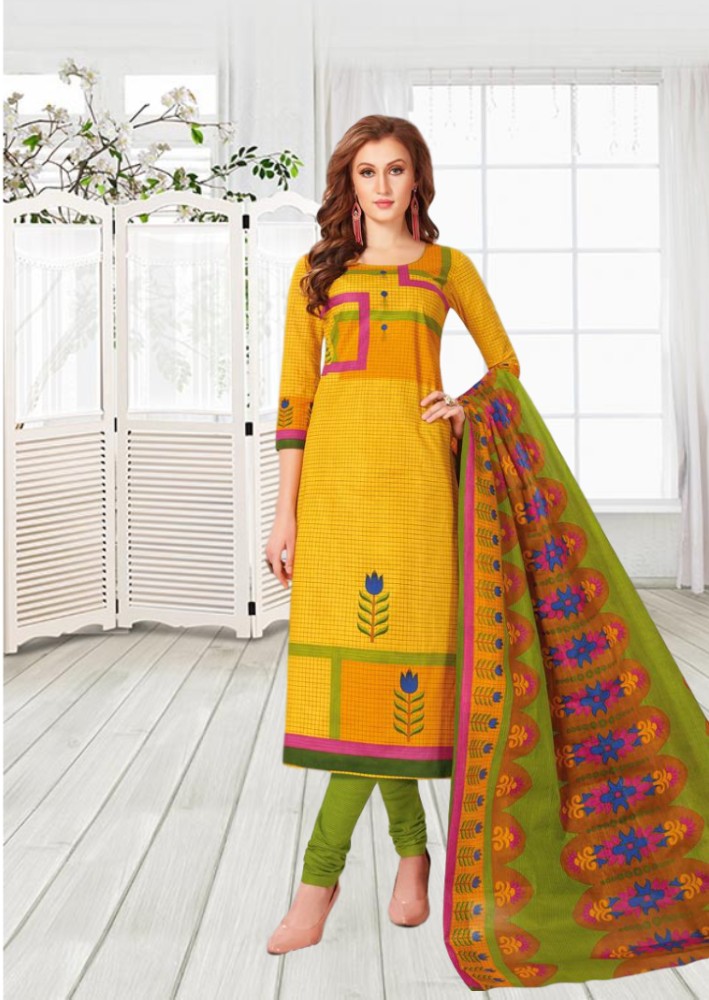 Malai cotton printed dress material -Yellow