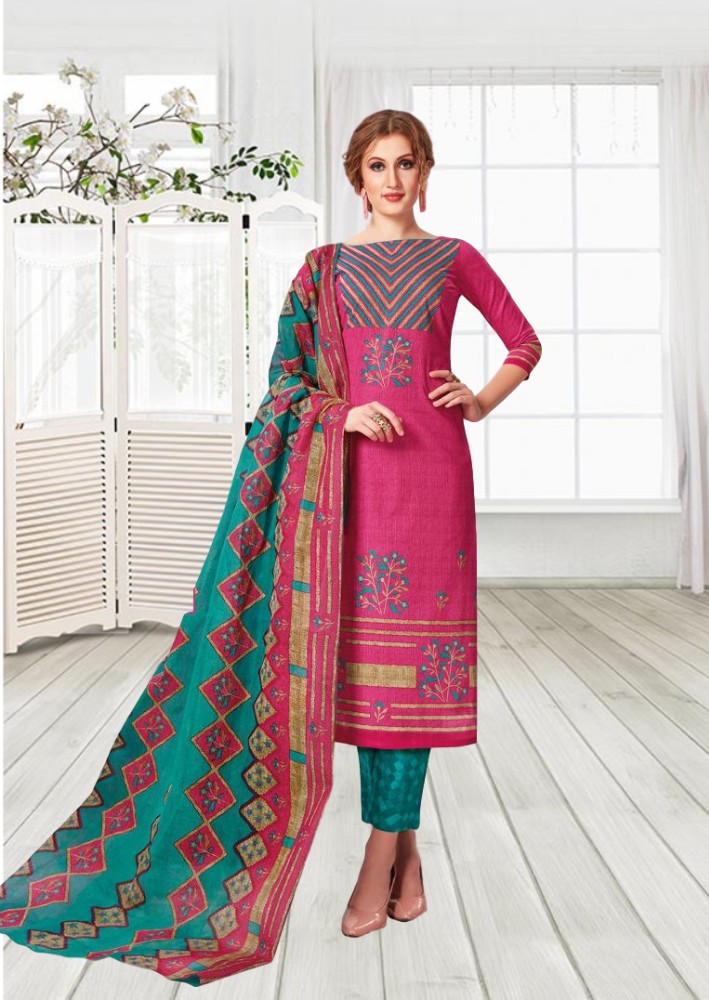 Malai cotton printed dress material - Pink and Turquoise