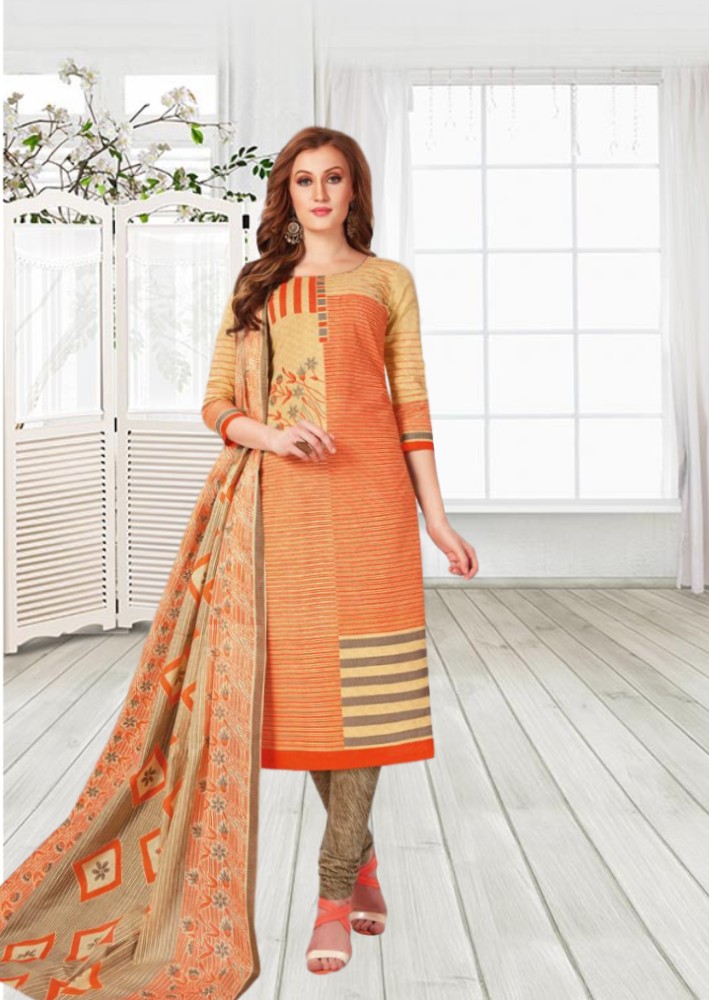 Malai cotton printed dress material -Orange