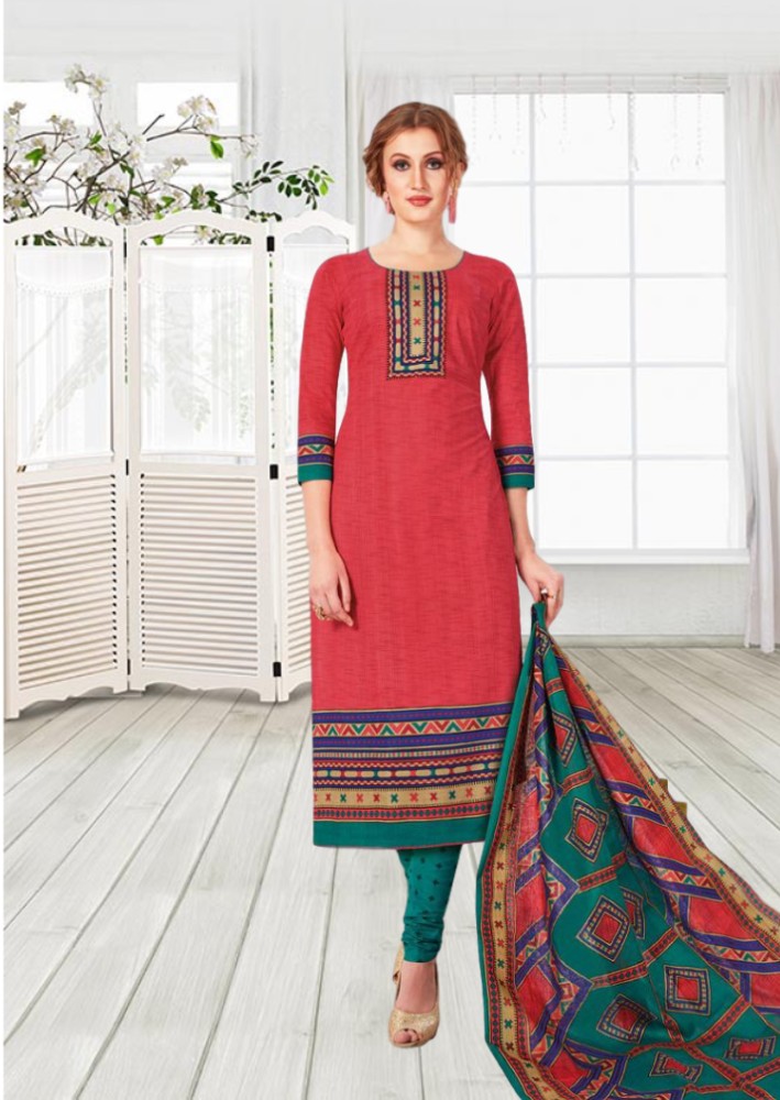 Malai cotton printed dress material - Red