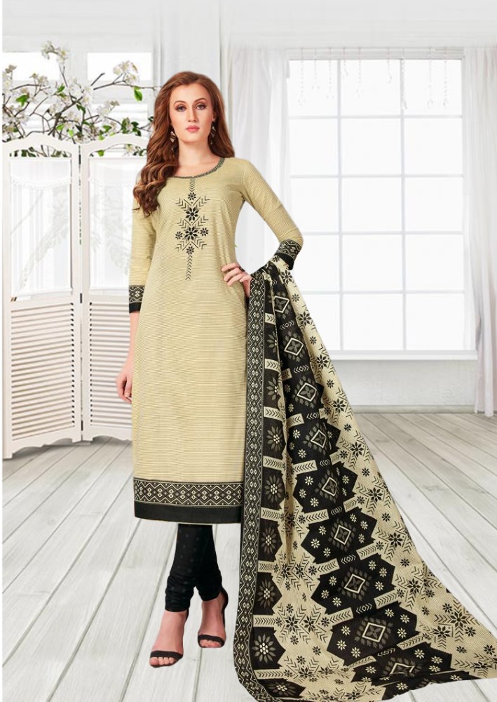 Malai Cotton printed dress material - Cream and Black