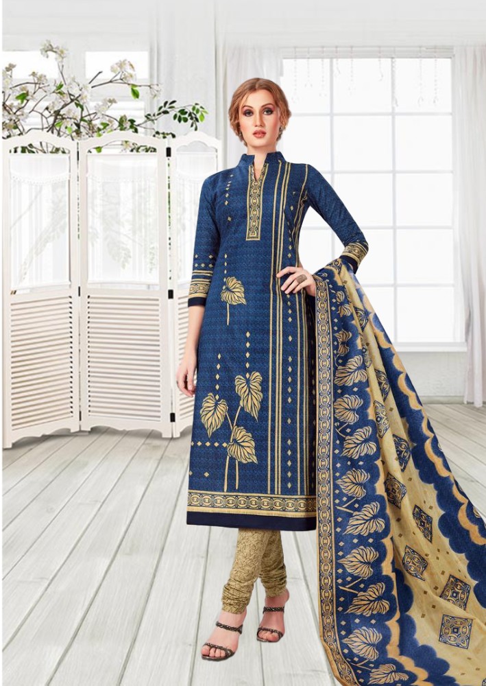 Malai cotton printed dress material - Blue