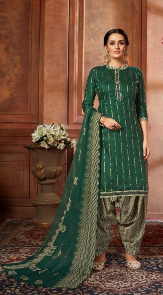 Pure Cotton Zam Jacquard Dress Material- Green