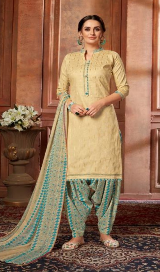 Pure Cotton Zam Jacquard Dress Material - Cream and Blue