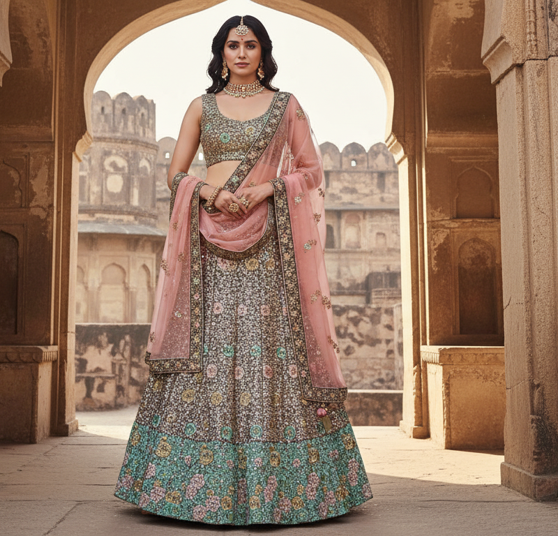 HashtagTrending Fashions Zardozi Lehenga Choli for Party and Wedding wear (Brown and Pink)