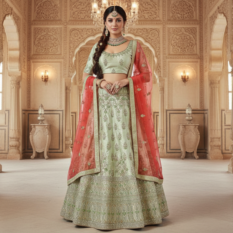 HashtagTrending Fashions Semi stitched Lehenga Choli for Party and Wedding (Green and Pink)
