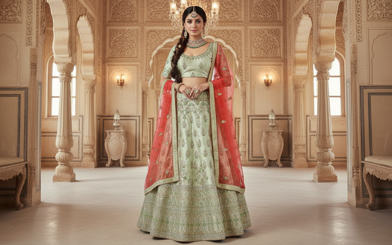 HashtagTrending Fashions Semi stitched Lehenga Choli for Party and Wedding (Green and Pink)