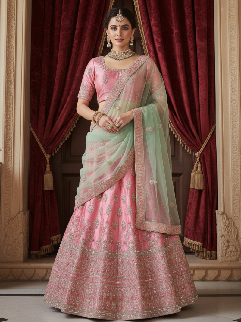 HashtagTrending Fashions Semi stitched Lehenga Choli for Party and Wedding (Pink and Green)