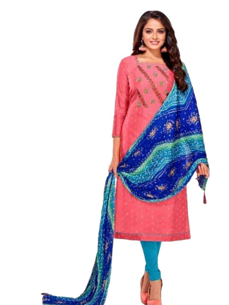 Chanderi Modal dress material with Bandhej Dupatta- Pink and Blue