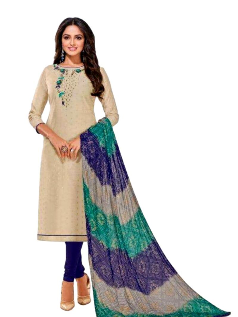 Chanderi Modal dress material with Bandhani Dupatta - Blue and Cream