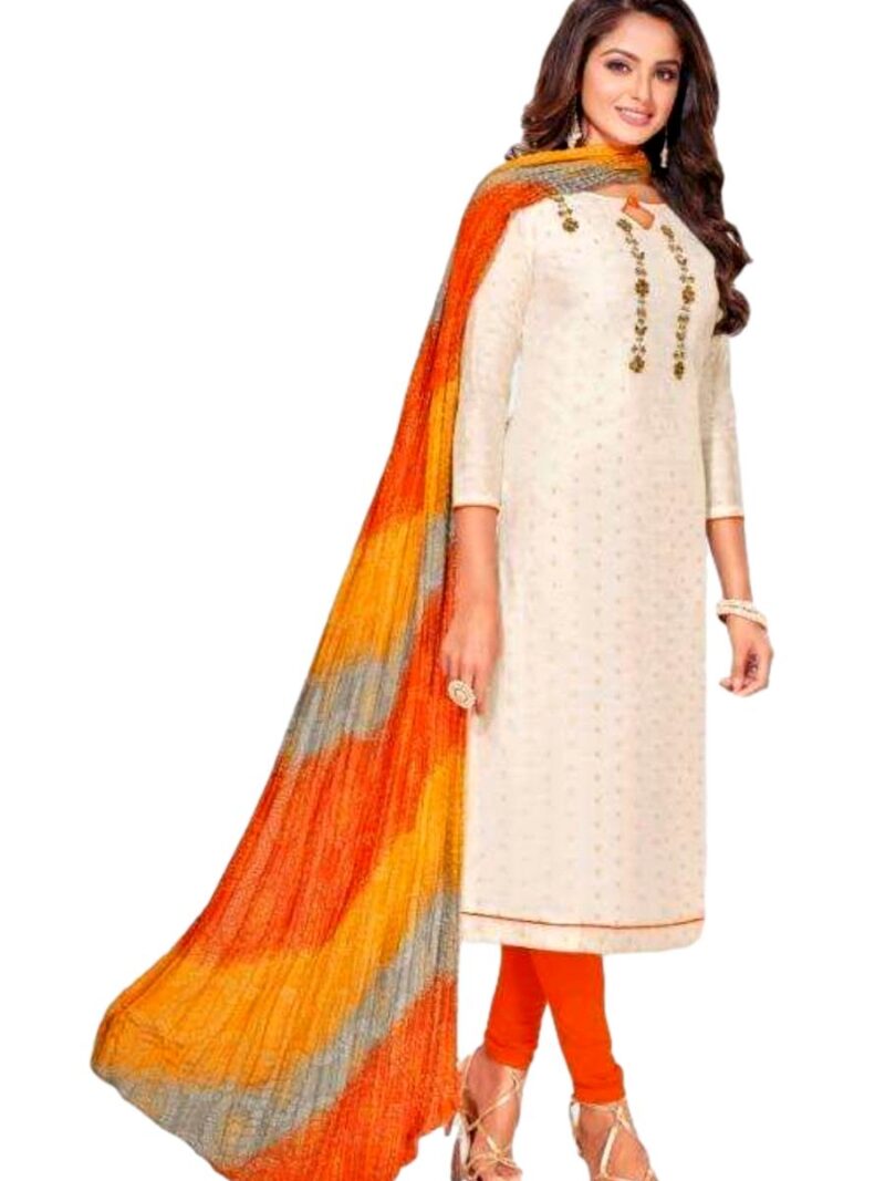 Chanderi Modal dress material with Bandhani Dupatta- Cream