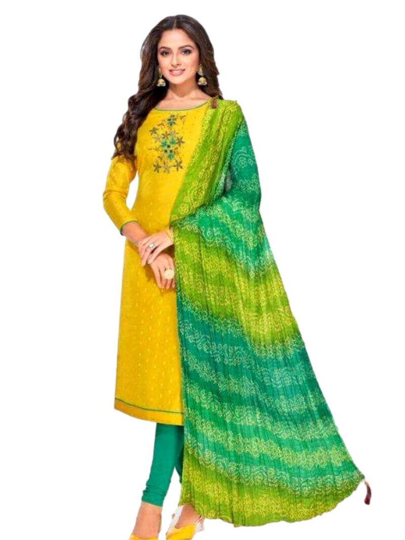 Chanderi Modal dress material with Bandhej Dupatta- Yellow and Green