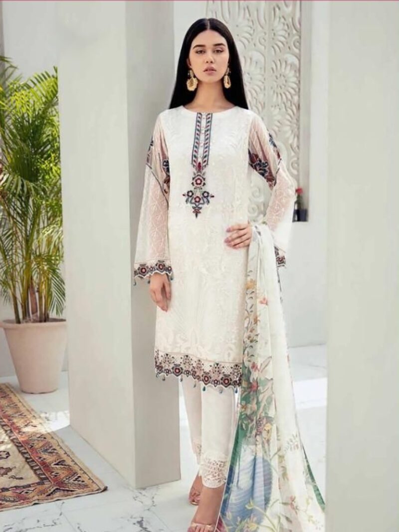 Georgette dress material with Heavy Embroidery -White