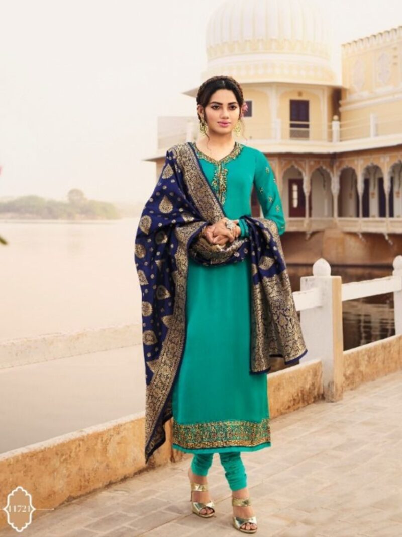Georgette silk dress material with heavy Banarasi Dupatta -Turquoise