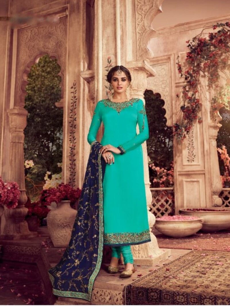 Georgette silk dress material with heavy Banarasi Dupatta- Turquoise