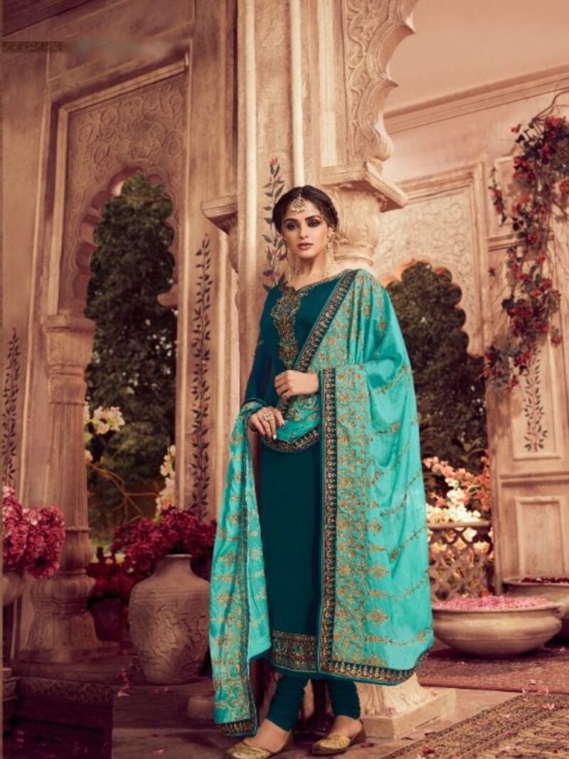 Georgette silk dress material with heavy Banarasi Dupatta- Green