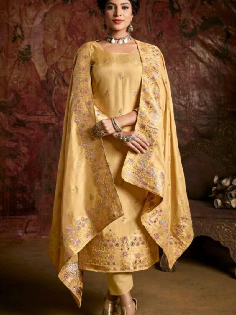 Pure Russian Minakari Jacquard Silk Dress Material -Gold