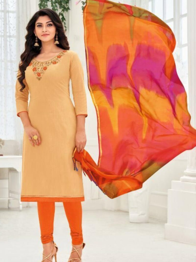 Cotton dress material with Rainbow dupatta - Badami and Orange