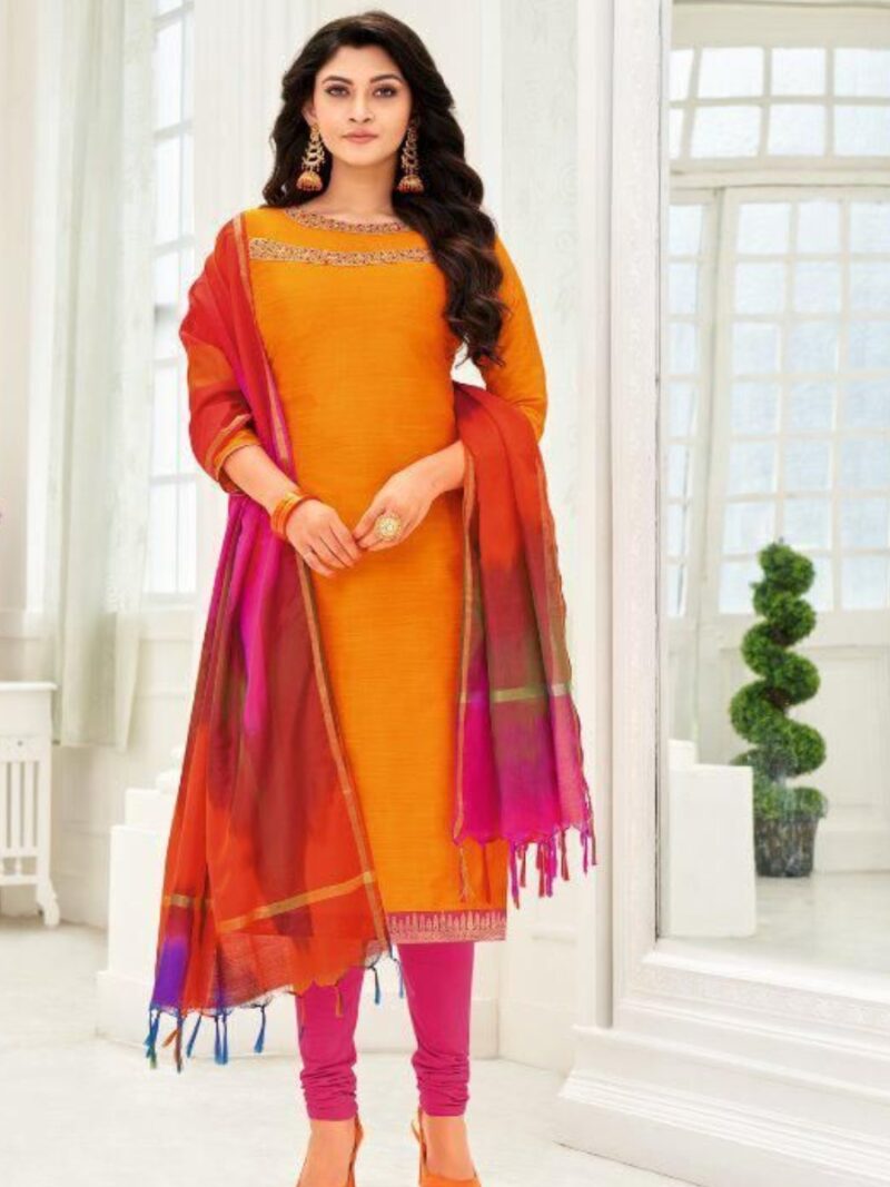 Cotton dress material with Rainbow dupatta- Orange
